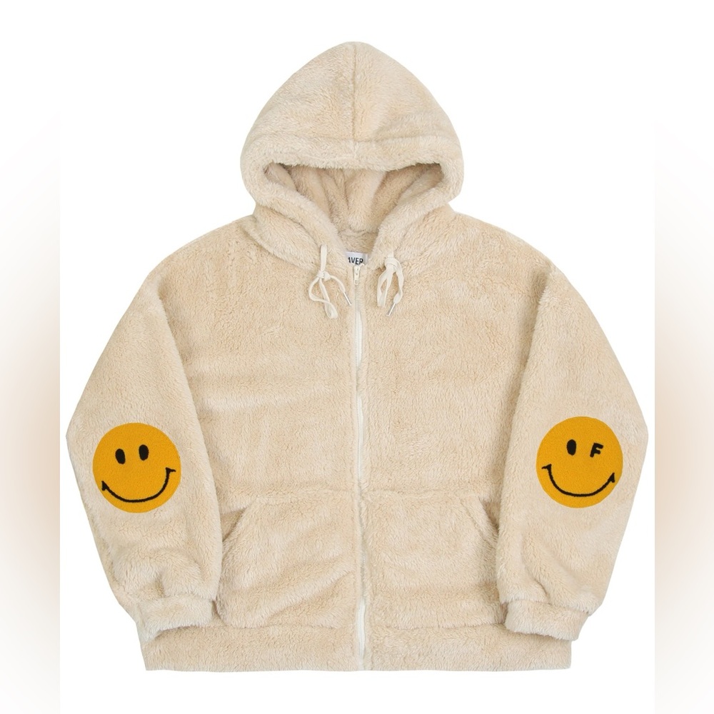 Graver of Anaheim Elbow Dot Smile Fleece Jacket Beige Sz XL Embroidered